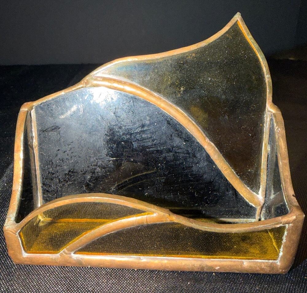 Vintage 1970s Stained Glass Business Card Holder Amber Slag Desk Caddy Art Glass